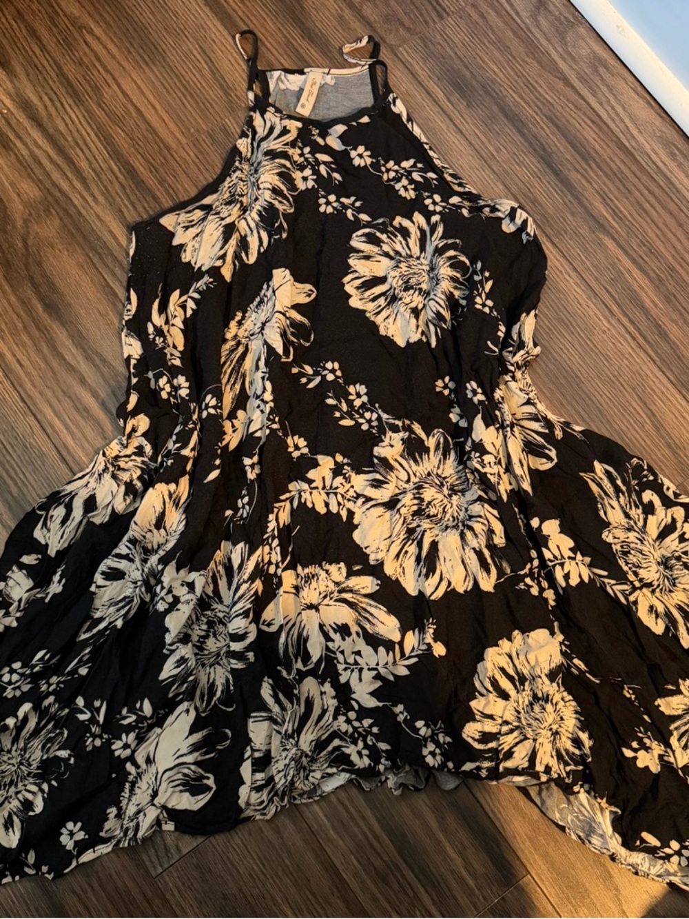 Black Floral Halter Dress with Cream Blooms sun dress